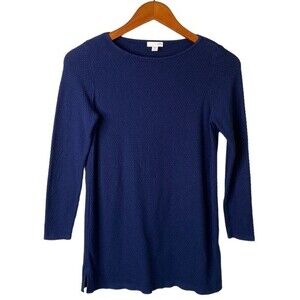 J Jill Navy Textured Waffle Knit Long Sleeve Tunic Top Crew neck Side Slit Soft